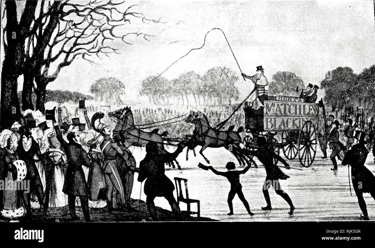 Una litografia raffigurante una carrozza trainata da cavalli. Datata del XIX secolo Foto Stock