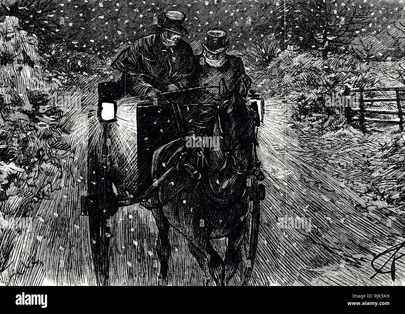 Una incisione raffigurante un cavallo e il carrello viaggiano attraverso condizioni di Blizzard. Datata del XIX secolo Foto Stock