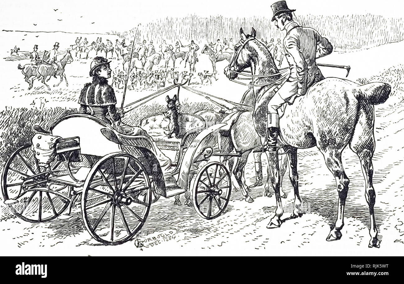 Una incisione raffigurante una donna alla guida di un cavallo e carrozza. Datata del XIX secolo Foto Stock