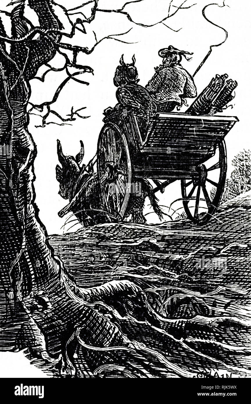 Una testiera raffigurante una carrozza a cavallo guidando attraverso una foresta. Illustrato da Francesco Wilfred Lawson (1842-1935) un pittore inglese. Datata del XIX secolo Foto Stock