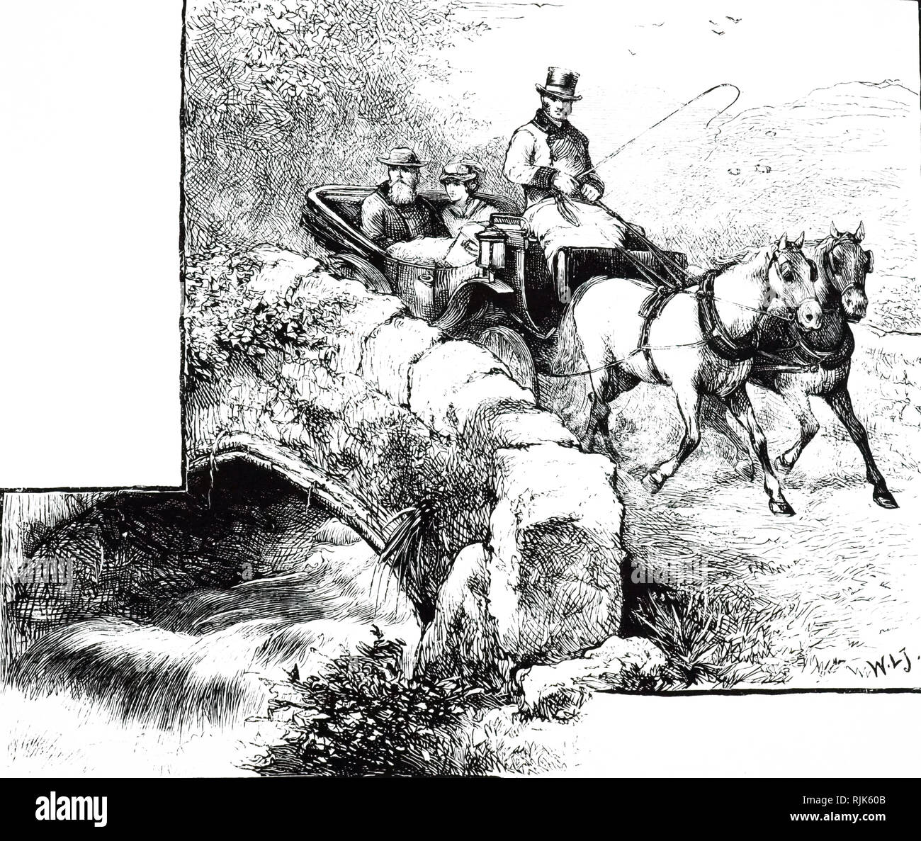 Una incisione raffigurante un cavallo e carrozza in viaggio attraverso la campagna. Datata del XIX secolo Foto Stock