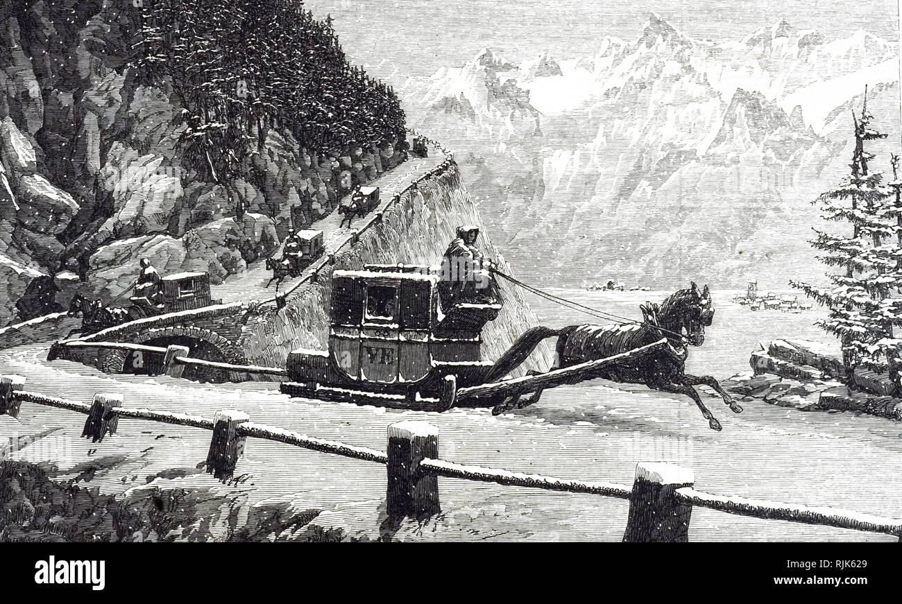 Una incisione raffigurante cavalli e carrozze che attraverso condizioni di Blizzard. Datata del XIX secolo Foto Stock