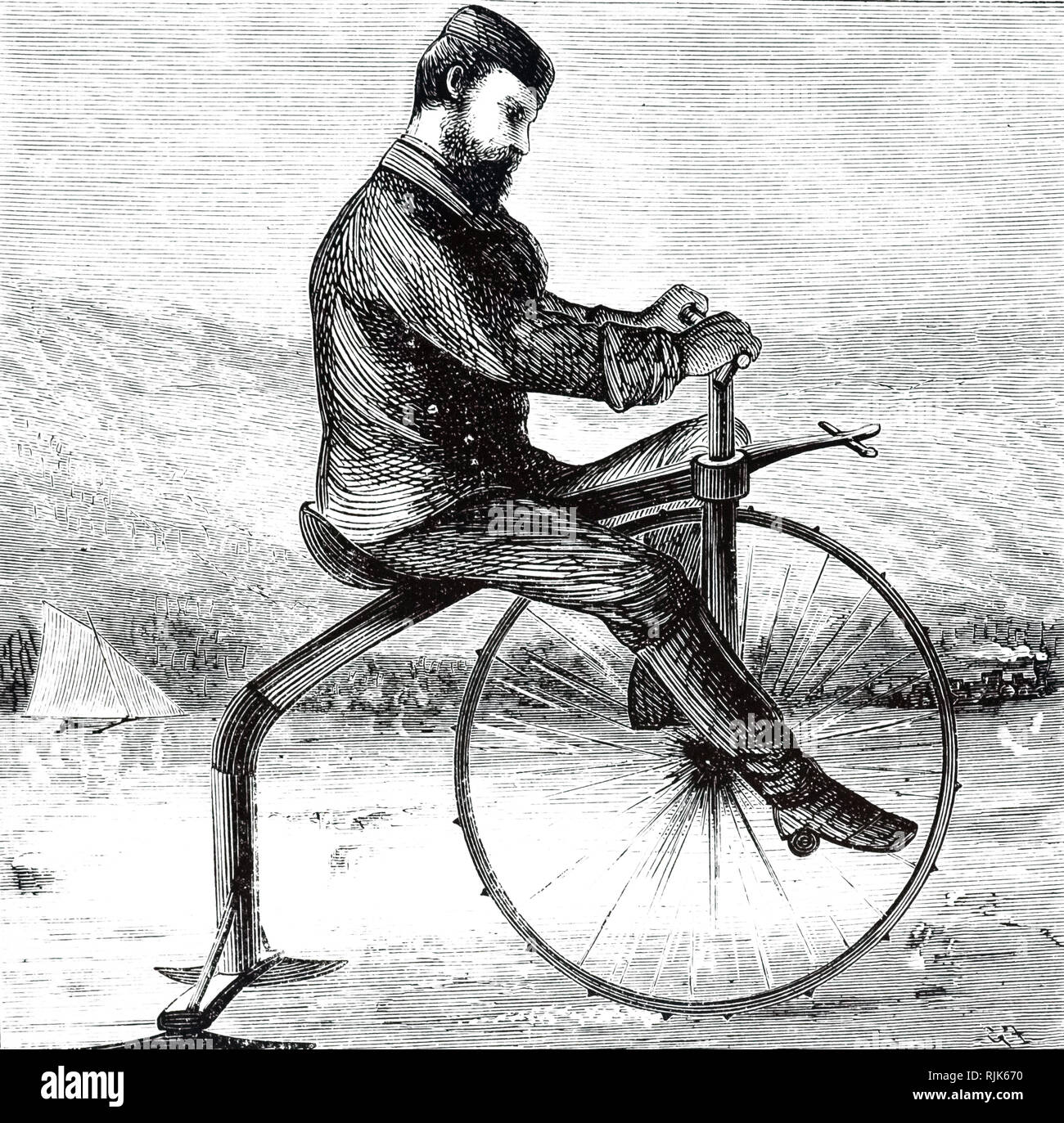 Una incisione raffigurante un velocipede di ghiaccio con una ruota dentata. Datata del XIX secolo Foto Stock