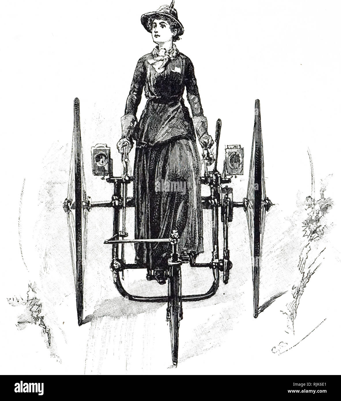 Una incisione raffigurante una donna a cavallo di un triciclo. Datata del XIX secolo Foto Stock Una incisione raffigurante una donna a cavallo di un triciclo. Datata del XIX secolo Foto Stock