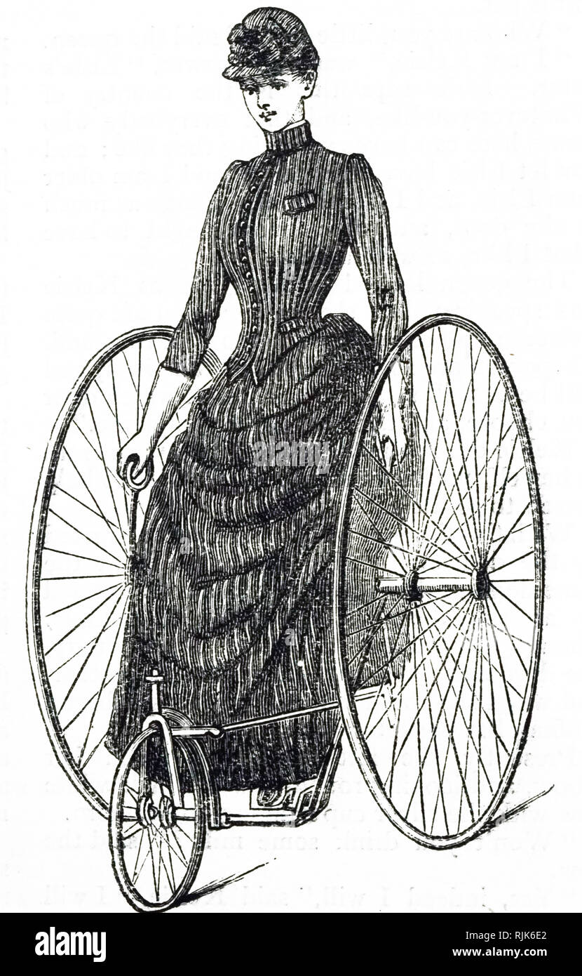 Una incisione raffigurante una donna che indossa un abito, a cavallo di un triciclo. Datata del XIX secolo Foto Stock Una incisione raffigurante una donna che indossa un abito, a cavallo di un triciclo. Datata del XIX secolo Foto Stock