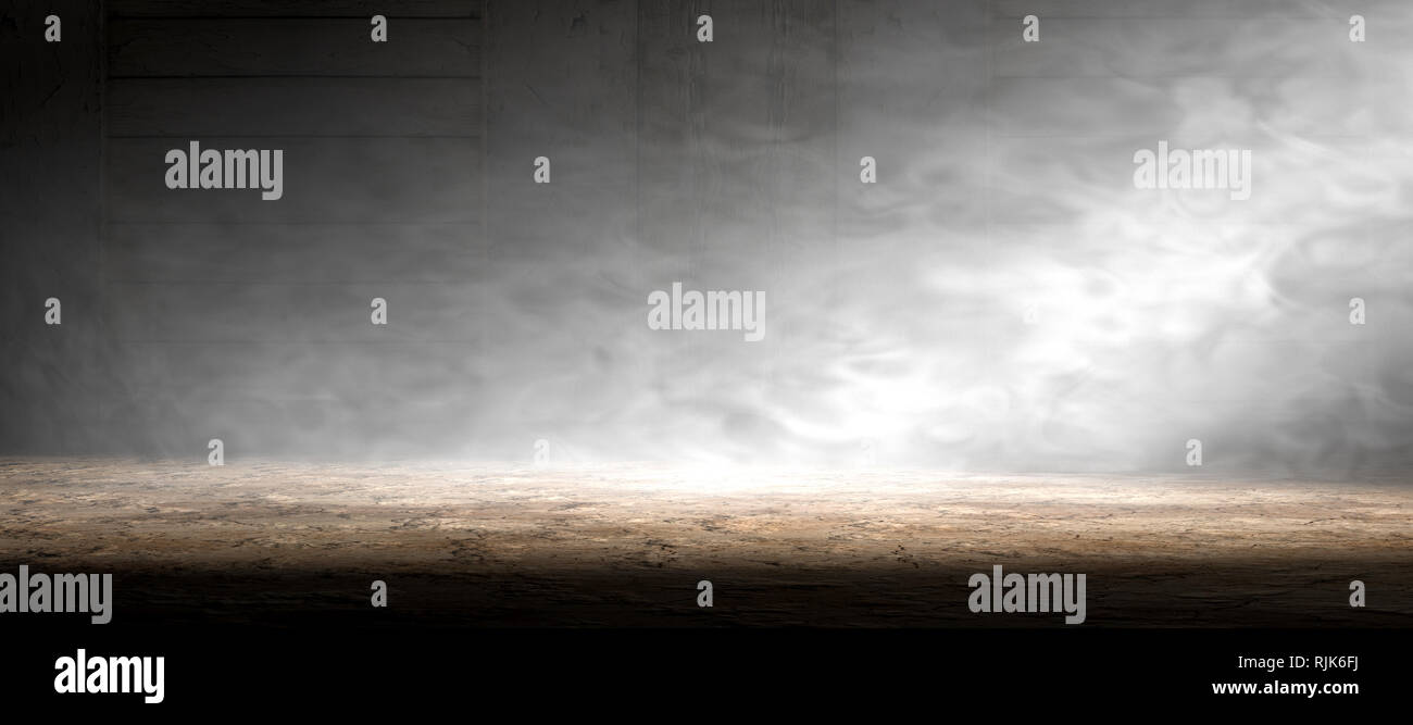 Stanza vuota e pavimento di cemento sfondo.Il fumo o la nebbia e spotlight in spazio scuro Foto Stock