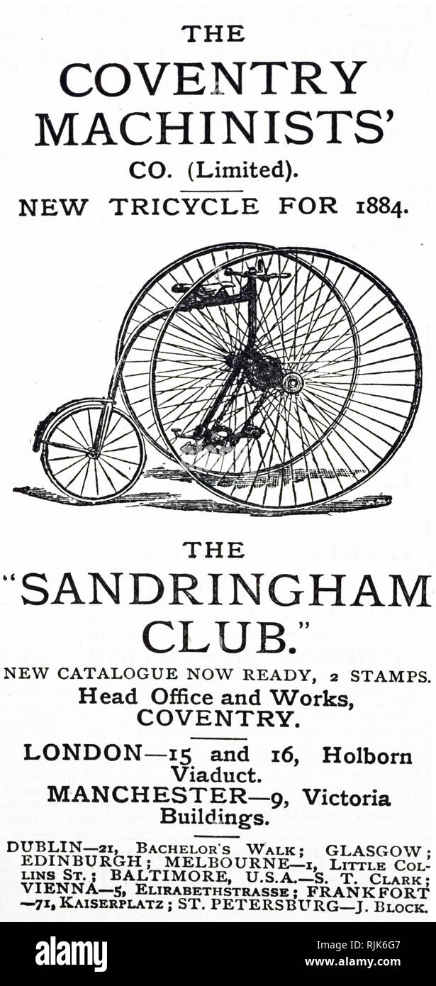Un annuncio pubblicitario per i macchinisti di Coventry' 'Sandringham Club' triciclo. Datata del XIX secolo Foto Stock