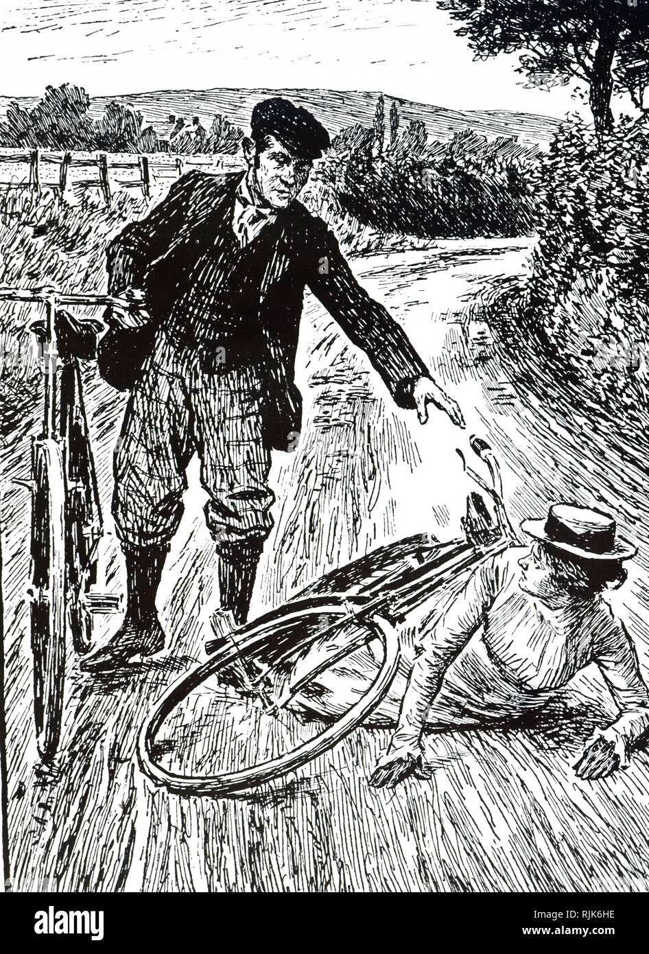 Una incisione raffigurante una donna che è caduto dalla sua bicicletta. Illustrato da Gunning King (1859-1940) un pittore inglese. In data xx secolo Foto Stock Una incisione raffigurante una donna che è caduto dalla sua bicicletta. Illustrato da Gunning King (1859-1940) un pittore inglese. In data xx secolo Foto Stock