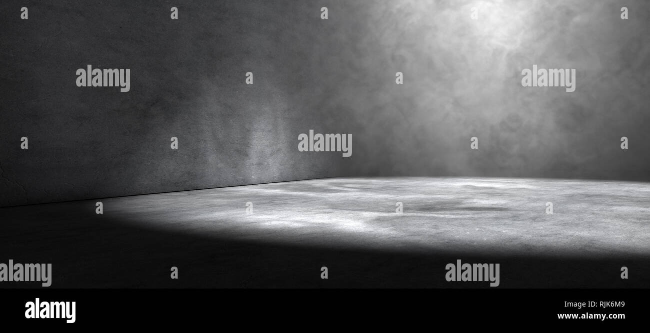 Stanza vuota e pavimento di cemento sfondo.Il fumo o la nebbia e spotlight in spazio scuro Foto Stock