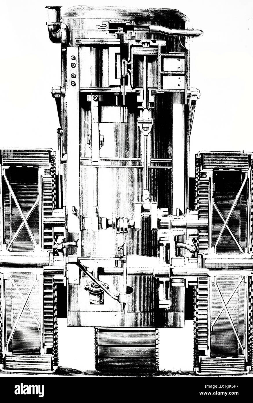 Una incisione raffigurante una vista in sezione della prima strada a vapore locomotiva per utilizzare su qualsiasi strada, mostrando ruote molleggiate e pneumatici in gomma attraverso il battistrada. Progettato da R. W. Thomson. Datata del XIX secolo Foto Stock