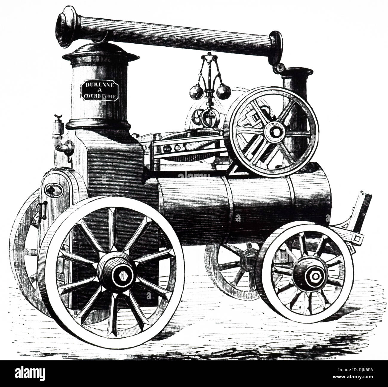Una incisione raffigurante Jean-Francois Durenne la locomotiva a vapore -1855. Jean-Francois Durenne era un francese costruttrice di motori a vapore, caldaie, e fire-combattente attrezzature a Courbevoie. Datata del XIX secolo Foto Stock