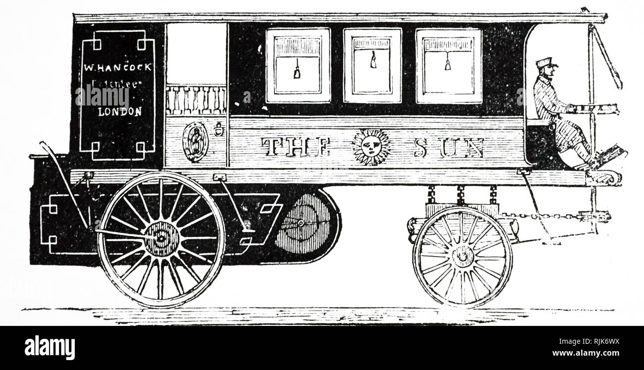 Una incisione raffigurante Hancock's Steam Omnibus. Datata del XIX secolo Foto Stock