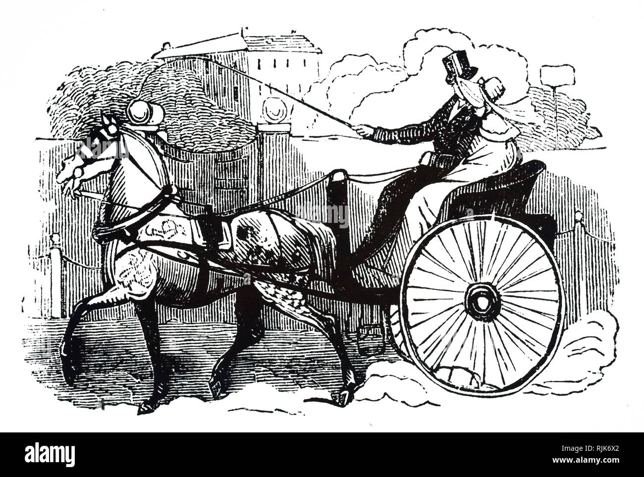 Una incisione raffigurante un concerto - una luce a due ruote carrello trainato da un cavallo. Datata del XIX secolo Foto Stock