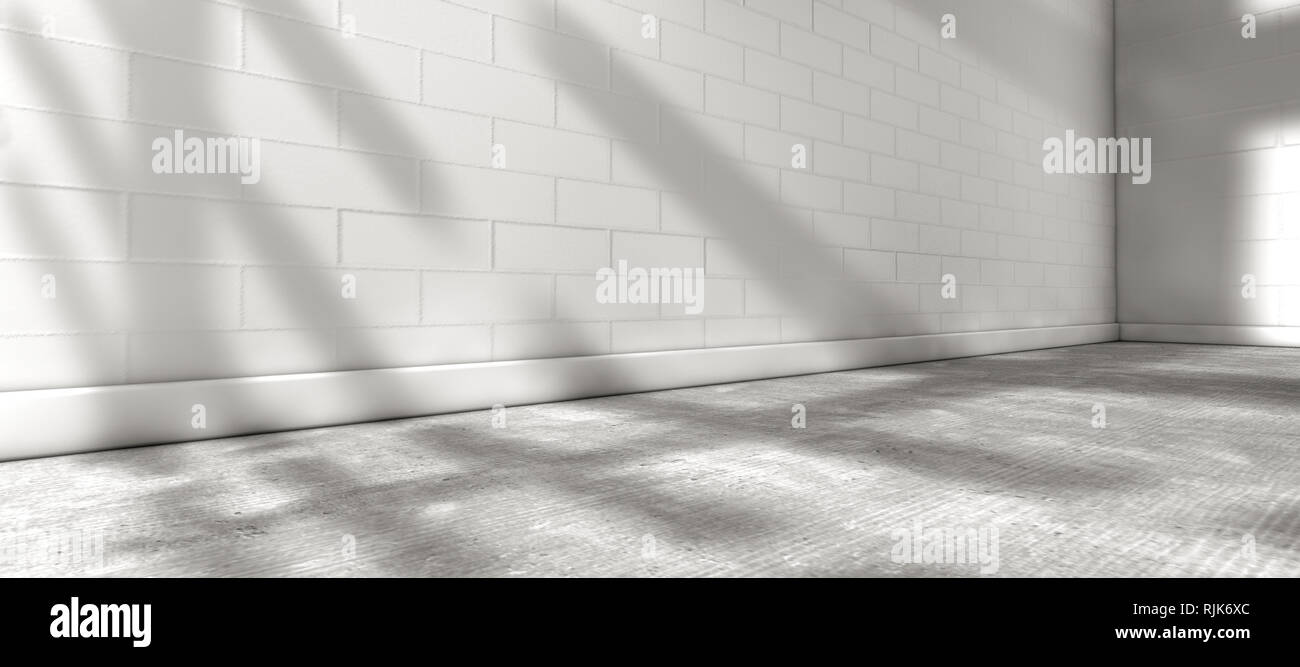 Spazio vuoto. Pavimento di calcestruzzo e muro bianco di mattoni. Sfondo dell'architettura vuoto. Foto Stock