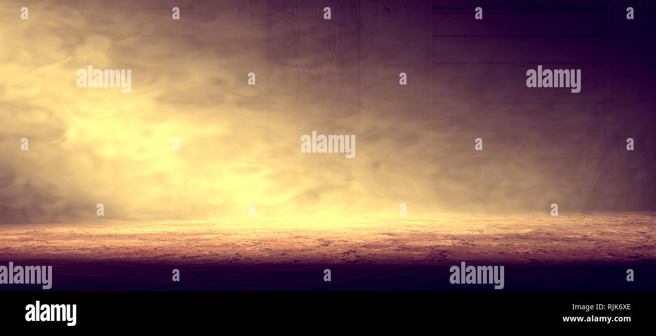 Stanza vuota e pavimento di cemento sfondo.Il fumo o la nebbia e spotlight in spazio scuro Foto Stock
