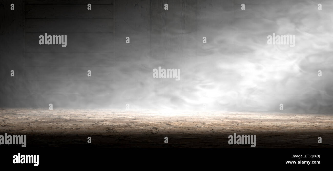 Stanza vuota e pavimento di cemento sfondo.Il fumo o la nebbia e spotlight in spazio scuro Foto Stock