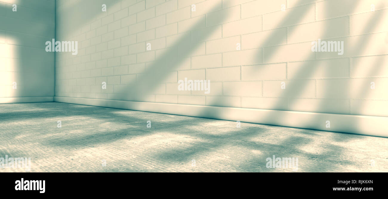 Spazio vuoto. Pavimento di calcestruzzo e muro bianco di mattoni. Sfondo dell'architettura vuoto. Foto Stock