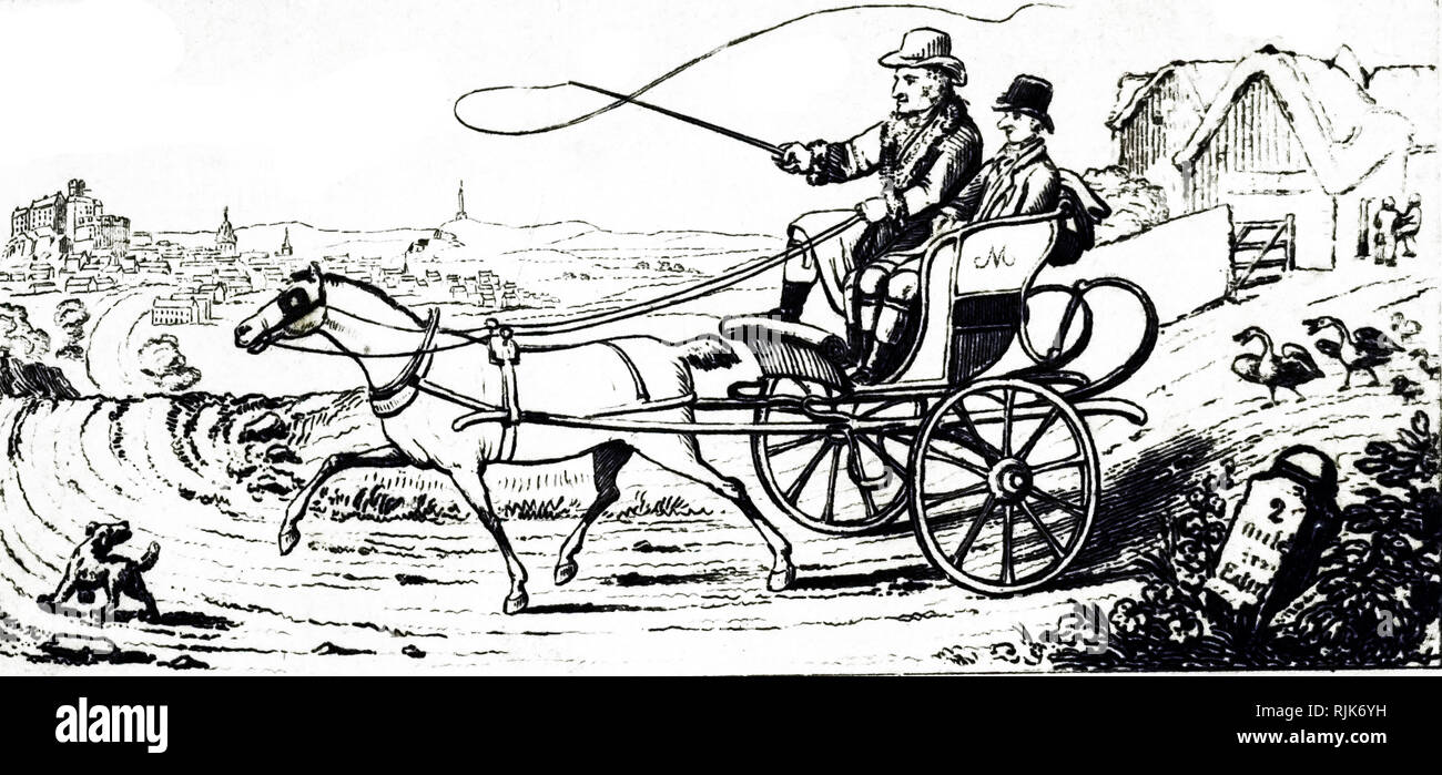 Una incisione raffigurante un concerto - una luce a due ruote carrello trainato da un cavallo. Datata del XIX secolo Foto Stock