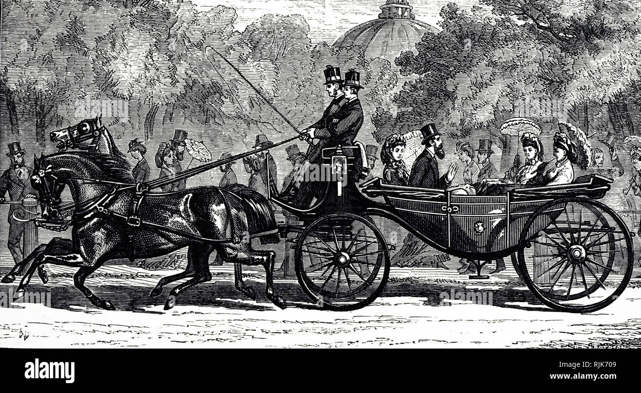 Una incisione raffigurante un Landau, un allenatore edificio termine per un tipo di a quattro ruote, convertibili carrello. Datata del XIX secolo Foto Stock