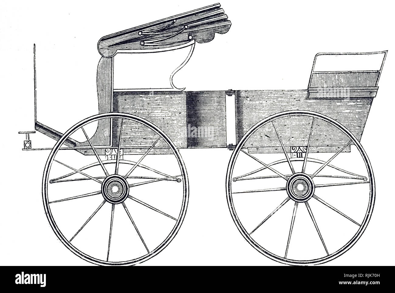 Una incisione raffigurante una carrozza, una forma di sportivo carrello aperto. Datata del XIX secolo Foto Stock