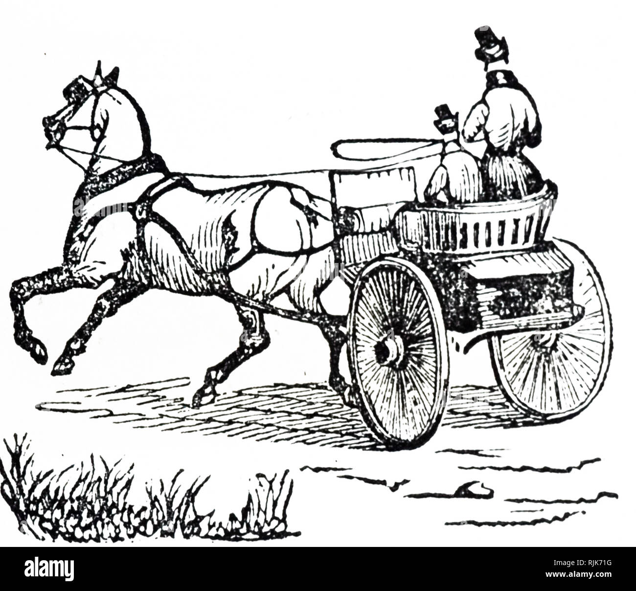 Una incisione raffigurante un concerto - una luce a due ruote carrello trainato da un cavallo. Datata del XIX secolo Foto Stock