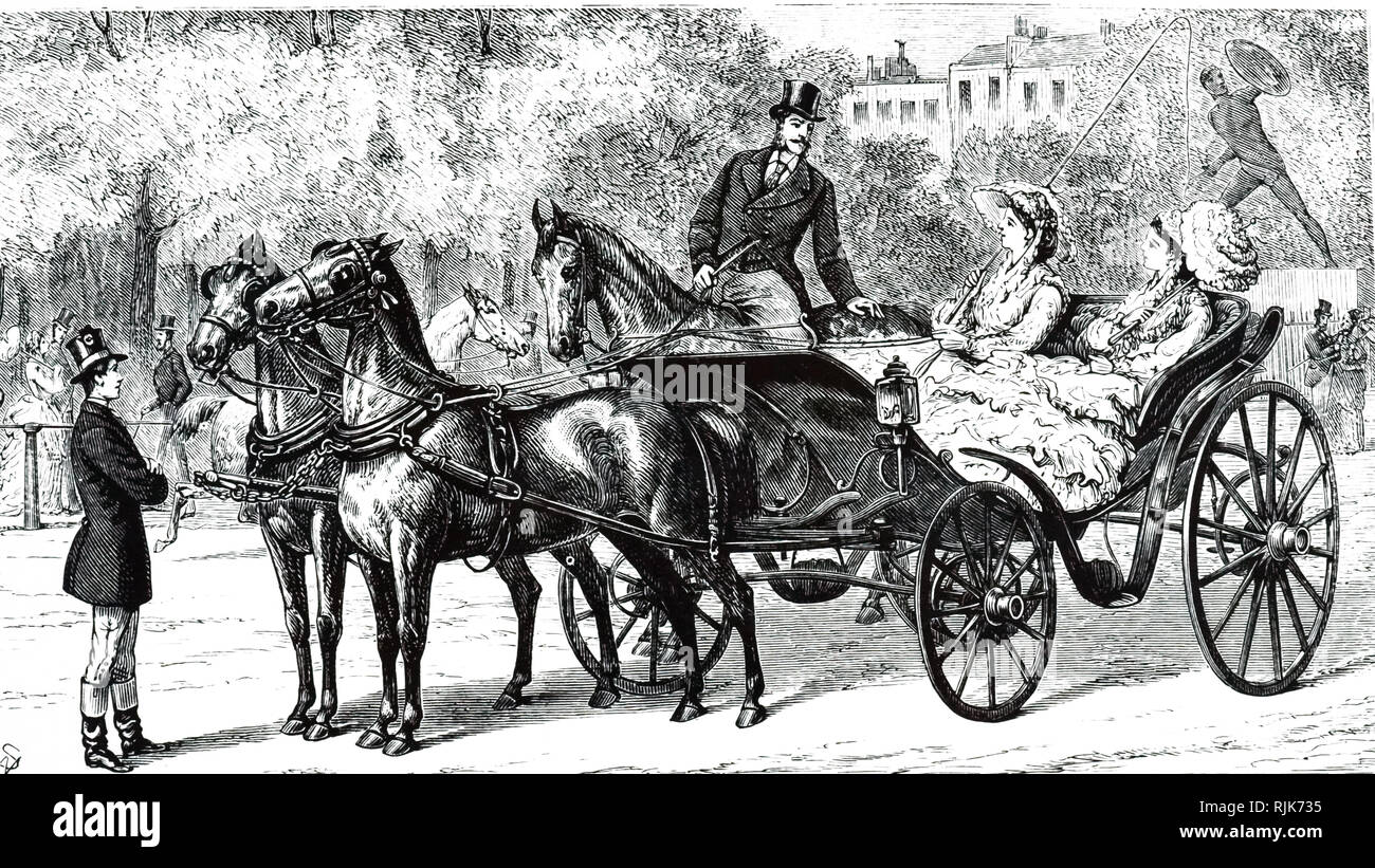 Una incisione raffigurante ladies fuori per un giro in Hyde Park di Londra, in un parco Phaeton, una forma di sportivo carrello aperto. Datata del XIX secolo Foto Stock