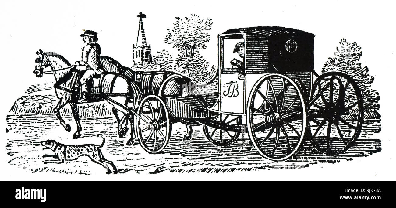 Una xilografia incisione raffigurante un post-chaise, una carrozza trainata da cavalli utilizzati per il trasporto di passeggeri o di posta elettronica. Datata del XIX secolo Foto Stock