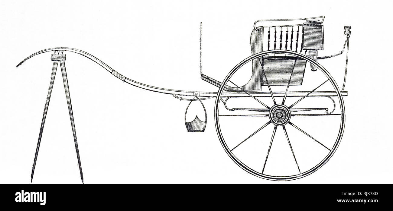 Una incisione raffigurante un concerto - una luce a due ruote carrello trainato da un cavallo. Datata del XIX secolo Foto Stock