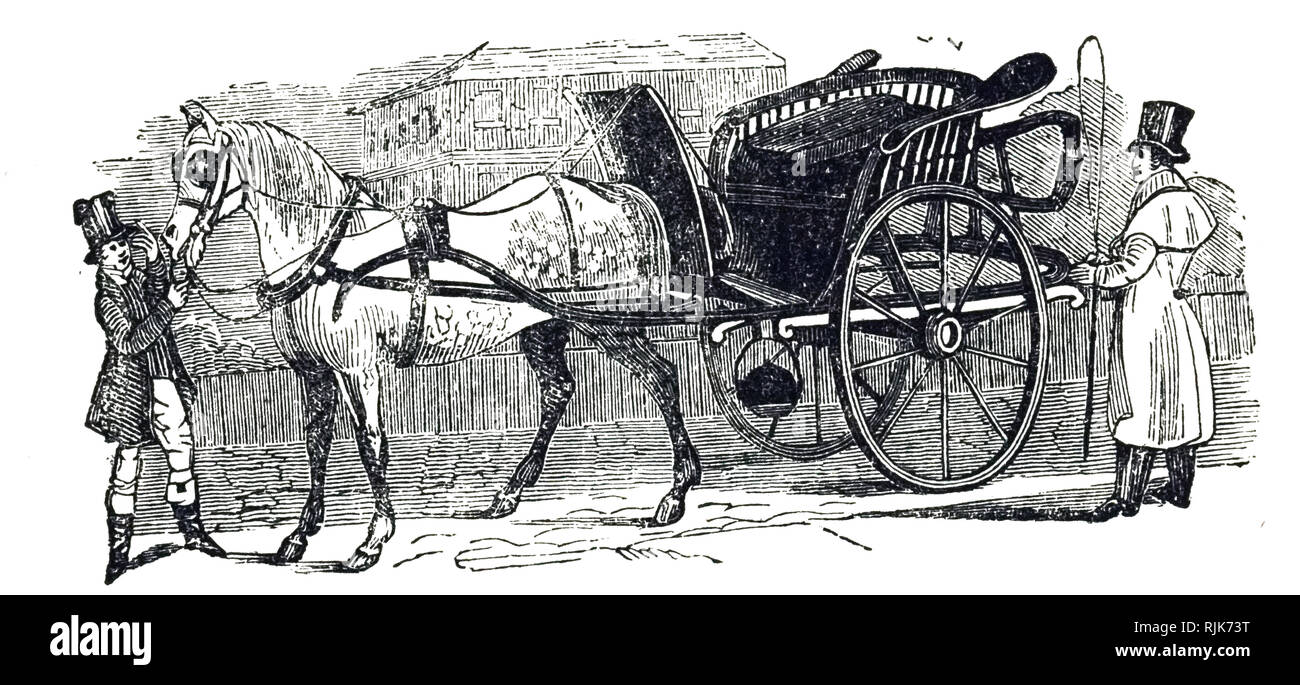 Una incisione raffigurante un concerto - una luce a due ruote carrello trainato da un cavallo. Datata del XIX secolo Foto Stock