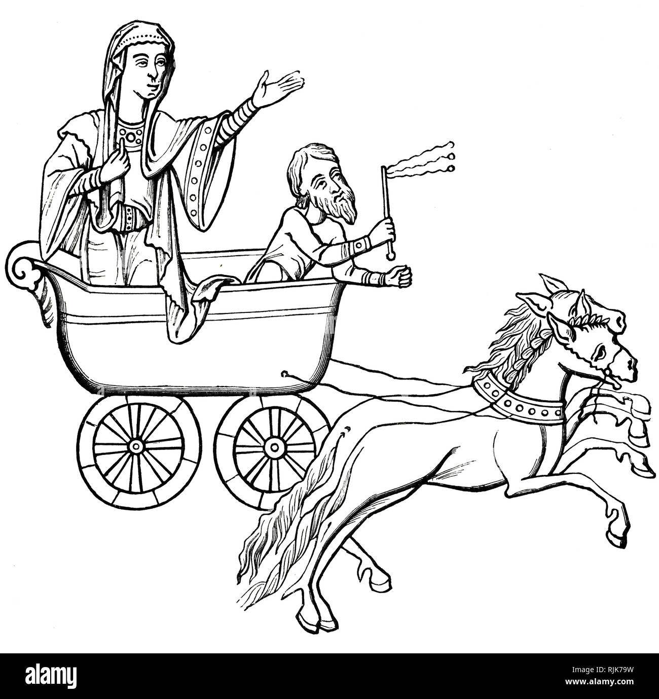 Una incisione dopo un 9th-secolo manoscritto raffigurante una carruca trainato da due cavalli. Datata del XIX secolo Foto Stock