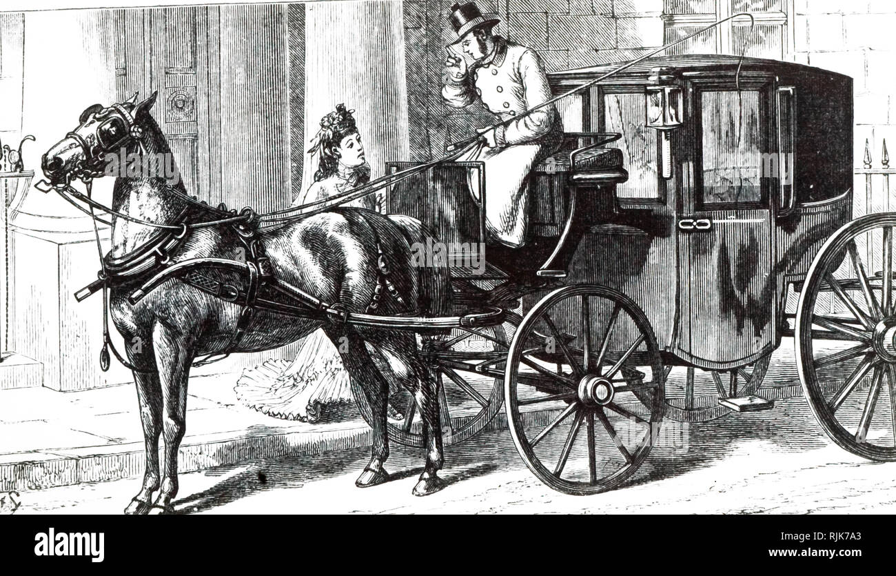 Una incisione raffigurante un Brougham - l'onnipresente trasporto privato di epoca vittoriana. Datata del XIX secolo Foto Stock