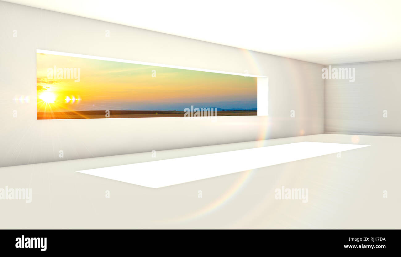 Svuotare lo spazio vuoto e finestra con sky e sunset.immobiliare il concetto di vendita. Architettura e interior design. Camera a vuoto per il progetto.3d illustrazione Foto Stock