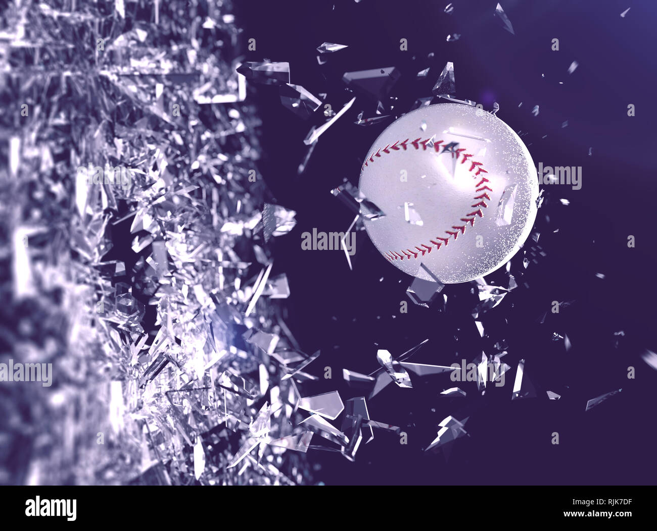 Palla da baseball in movimento la rottura del vetro.Concetto di azione e di forza in sport di squadra. Il concetto di sport sfondo.Baseball. 3d illustrazione Foto Stock
