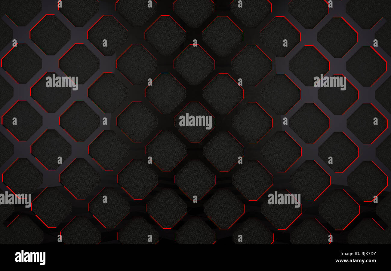 Pattern e fori nel materiale moderno. Industriale e Tecnologico. Maglia e la superficie della griglia in spazio scuro. 3d illustrazione Foto Stock