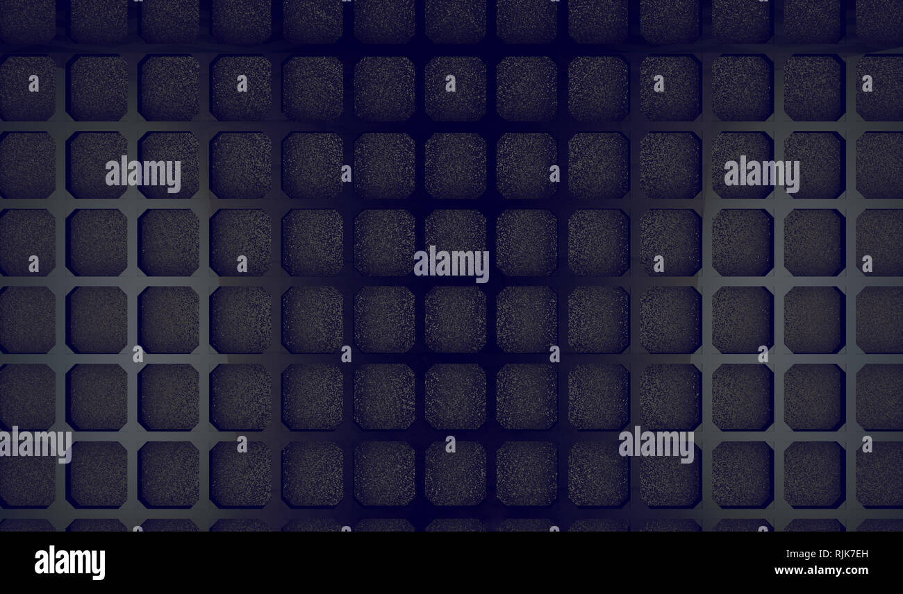 Pattern e fori nel materiale moderno. Industriale e Tecnologico. Maglia e la superficie della griglia in spazio scuro. 3d illustrazione Foto Stock