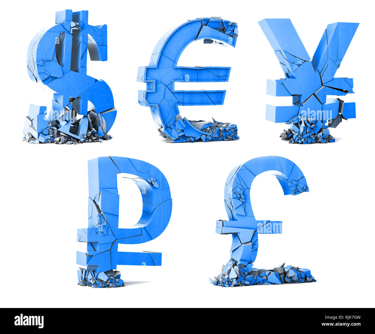 Concetto di banca e finanza e il fallimento. Deprezzamento delle valute del mondo. Simbolo di valuta su sfondo bianco.3d illustrazione Foto Stock