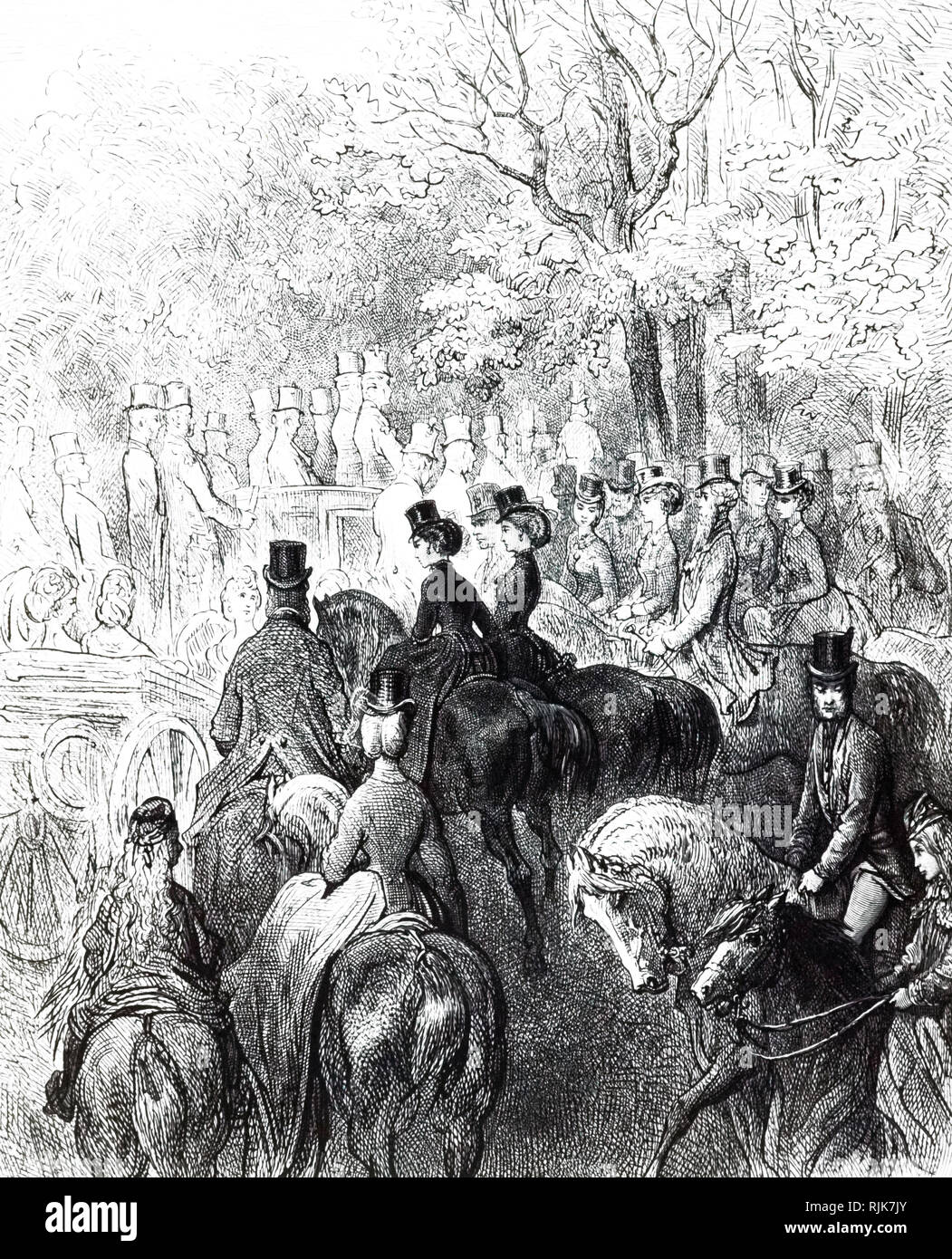 Una incisione raffigurante il traffico in Hyde Park, Londra. Datata del XIX secolo Foto Stock