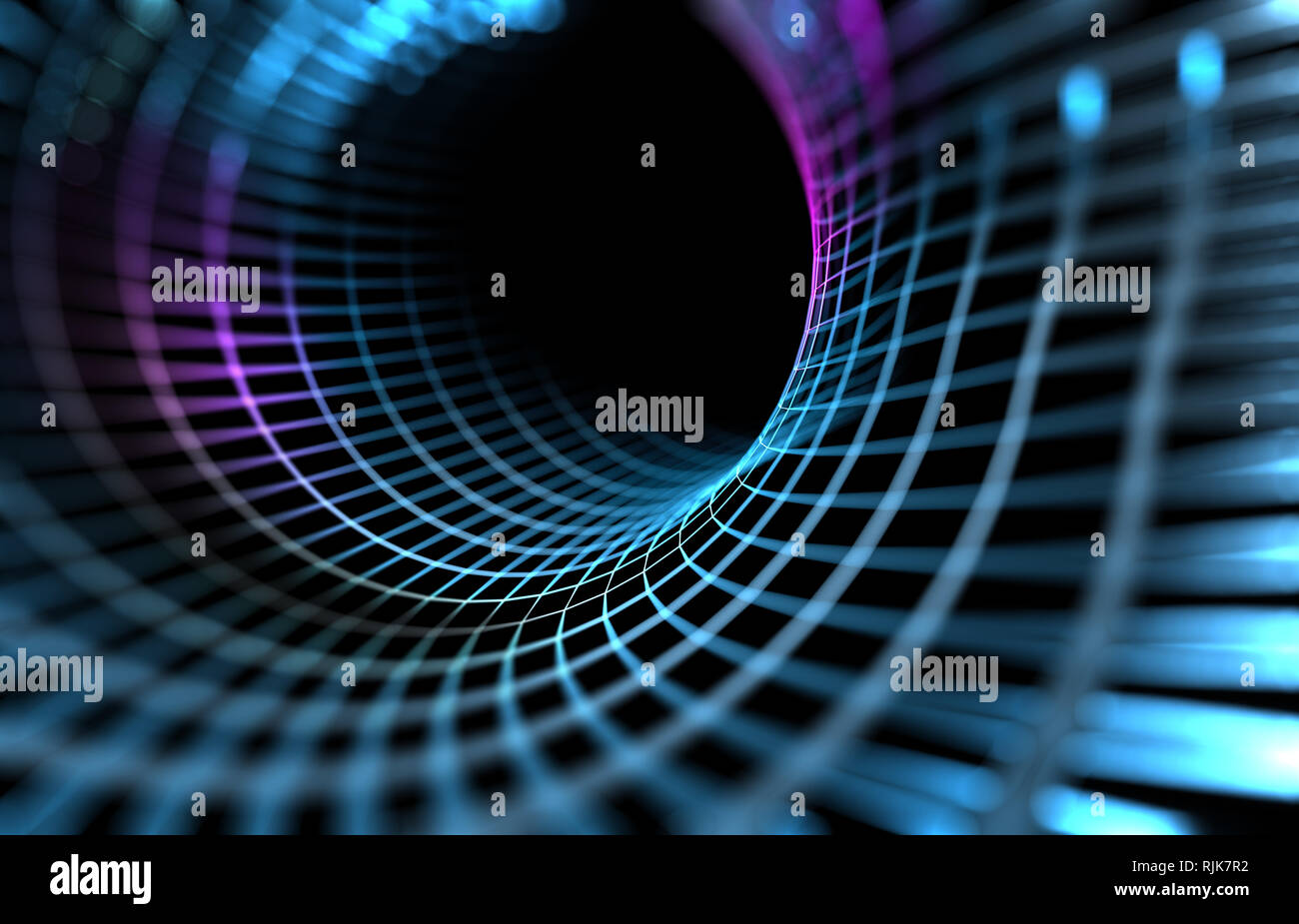 Tunnel astratto e sfondo dell'onda della scienza e della tecnologia. Mesh o net con linee e geometrie di forme particolari. 3d illustrazione Foto Stock
