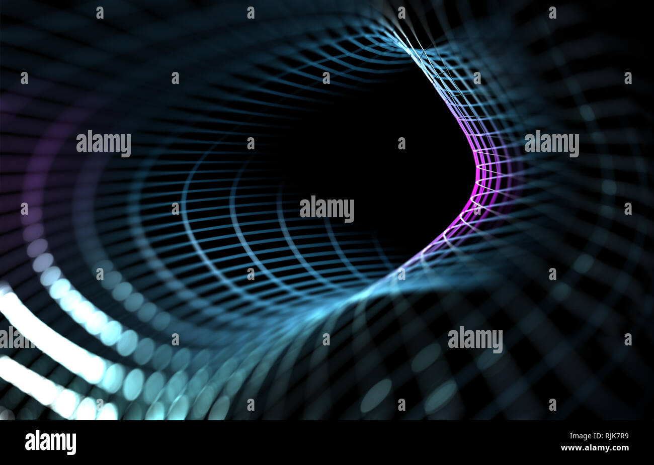 Tunnel astratto e sfondo dell'onda della scienza e della tecnologia. Mesh o net con linee e geometrie di forme particolari. 3d illustrazione Foto Stock