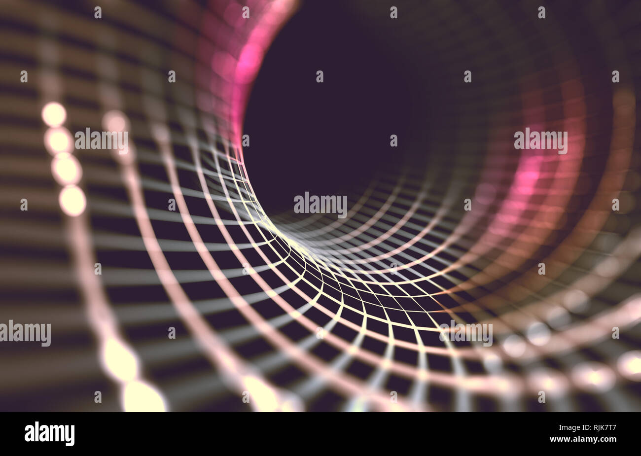 Tunnel astratto e sfondo dell'onda della scienza e della tecnologia. Mesh o net con linee e geometrie di forme particolari. 3d illustrazione Foto Stock