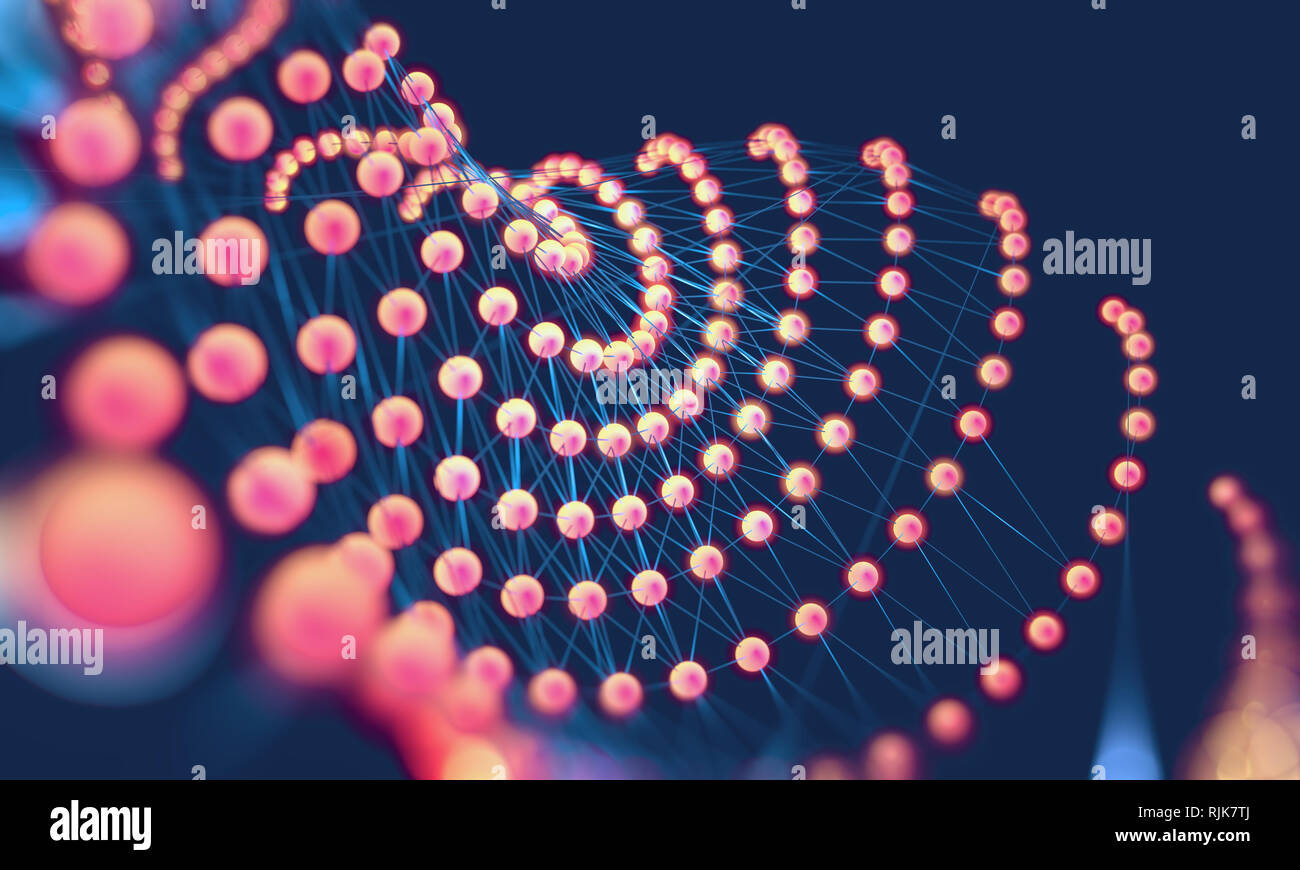 Onda astratta sfondo della tecnologia e della scienza. Mesh o net con linee e geometrie di forme particolari. 3d illustrazione Foto Stock