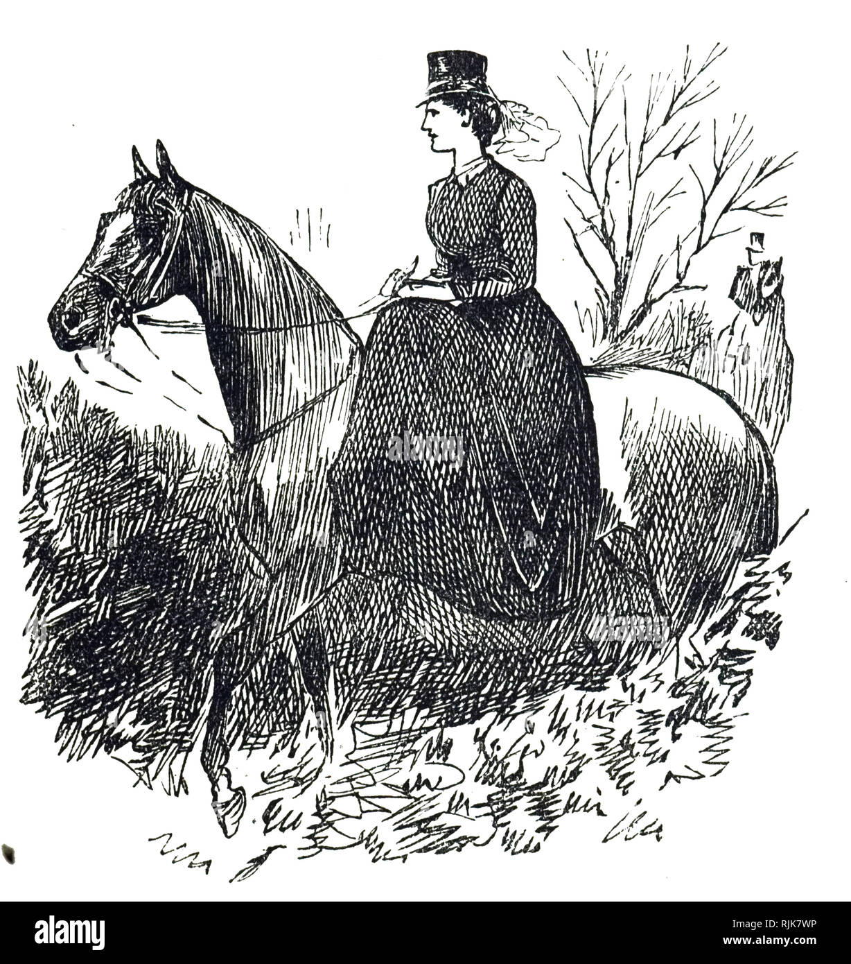 Un cartoon raffigurante una giovane donna lato di equitazione-sella sul suo cavallo. Datata del XIX secolo Foto Stock Un cartoon raffigurante una giovane donna lato di equitazione-sella sul suo cavallo. Datata del XIX secolo Foto Stock