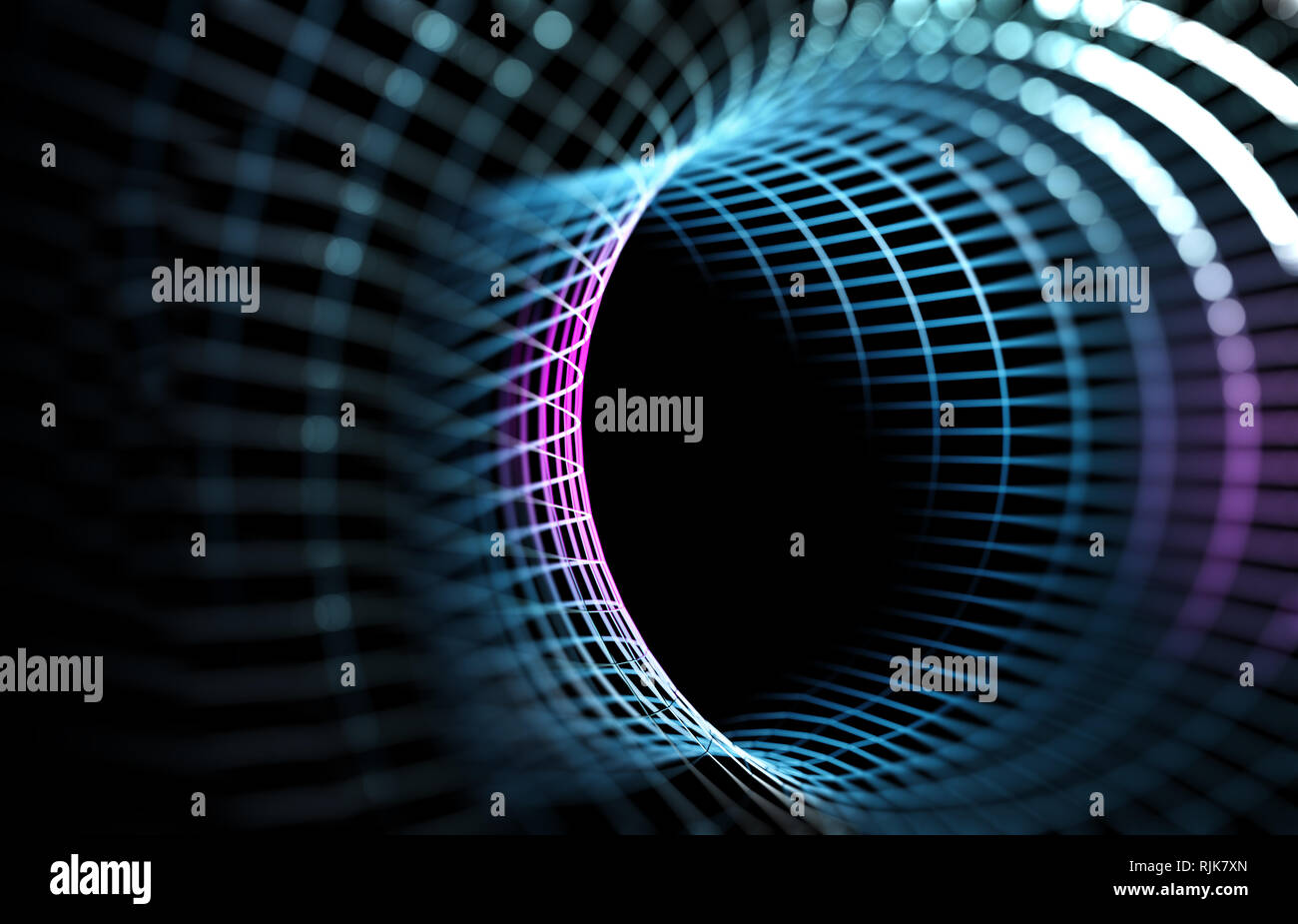 Tunnel astratto e sfondo dell'onda della scienza e della tecnologia. Mesh o net con linee e geometrie di forme particolari. 3d illustrazione Foto Stock