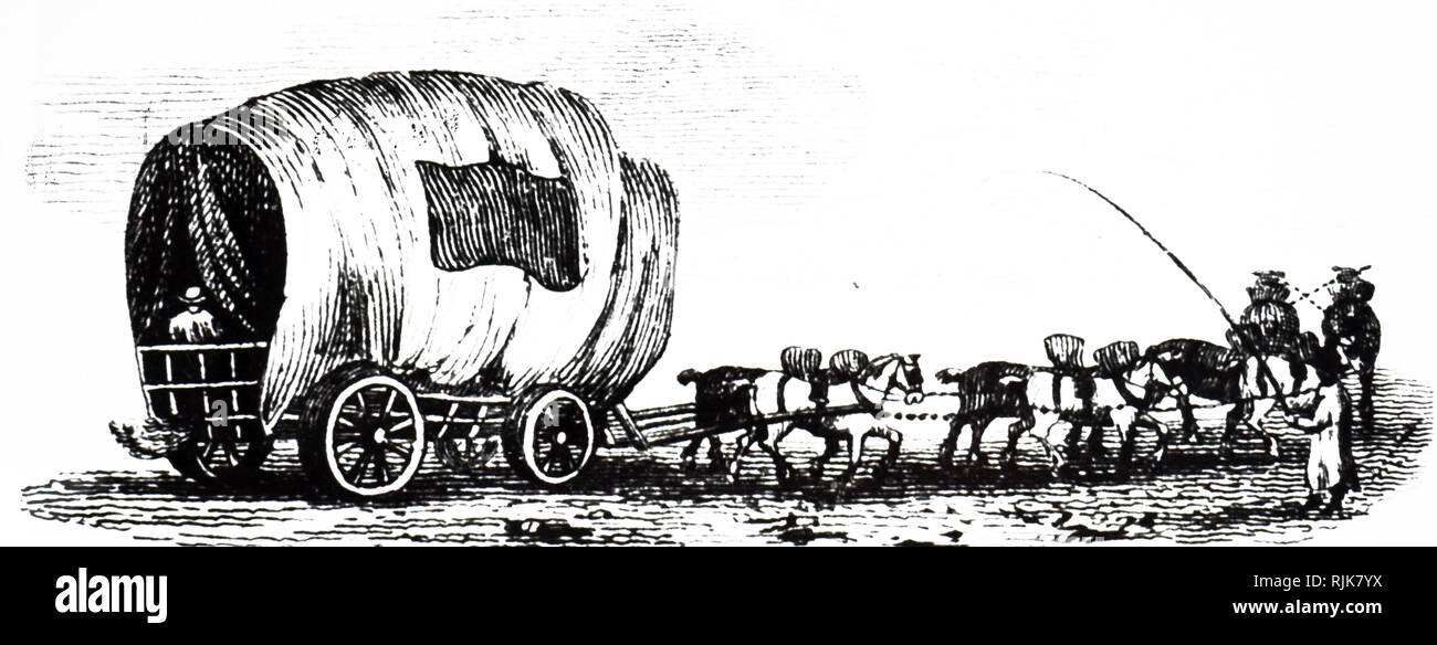 Una incisione raffigurante un oggetto gestore del carro con ruote larghe che le consenta di negoziare strade male. Datata del XIX secolo Foto Stock