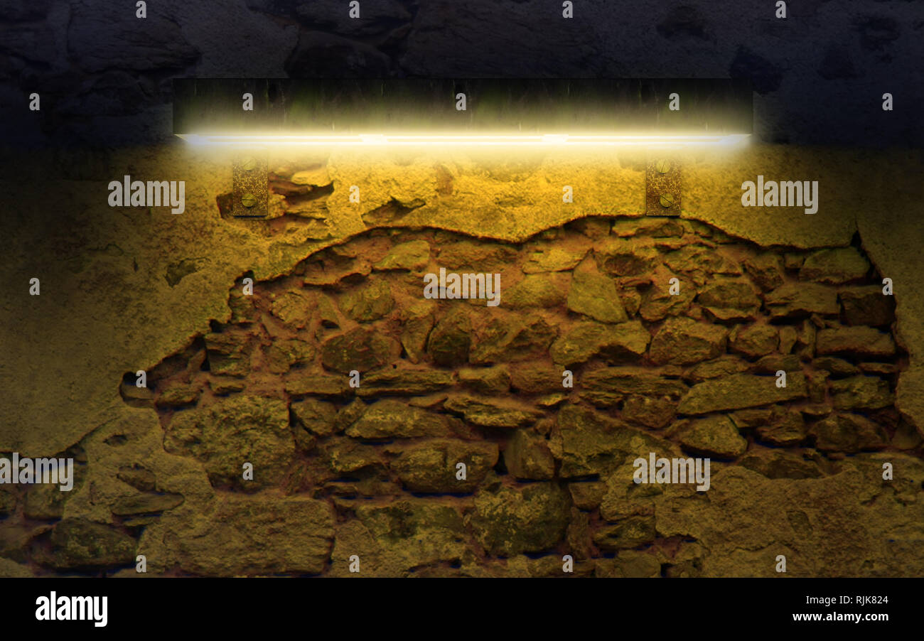 Il vecchio un antico muro dettaglio di notte illuminato dalla lampada. La parete di fondo e copyspace. 3d illustrazione Foto Stock