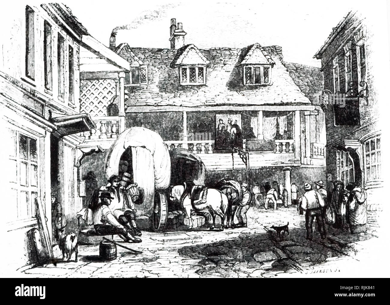 Una incisione raffigurante un carter e carro in una locanda in un cantiere. Datata del XIX secolo Foto Stock