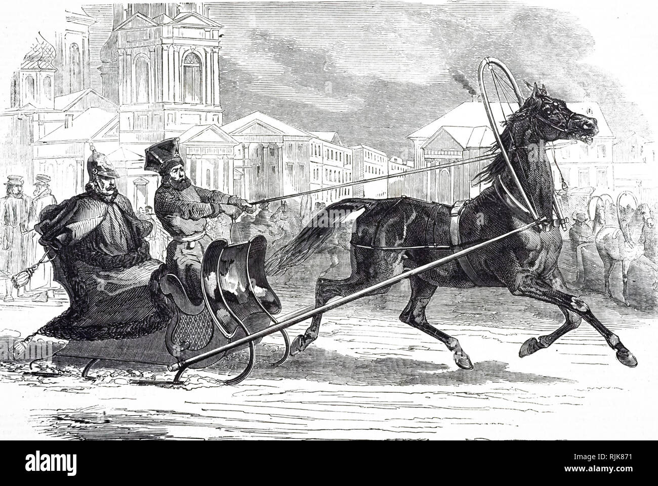 Una incisione raffigurante un imperatore di Russia essendo pilotati attraverso San Pietroburgo in un Droshky. Datata del XIX secolo Foto Stock