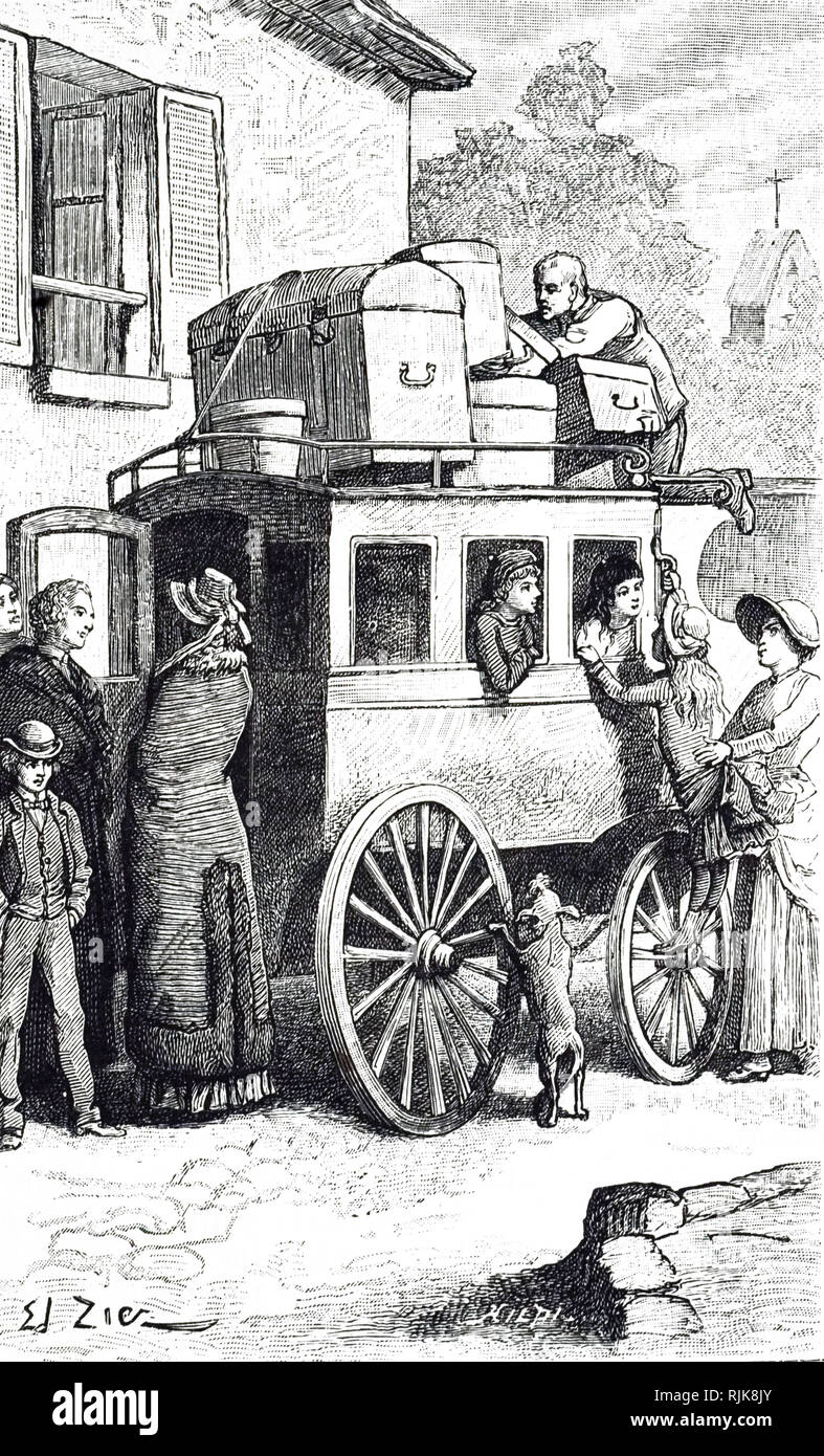 Una incisione raffigurante un Brougham - l'onnipresente trasporto privato di epoca vittoriana. Datata del XIX secolo Foto Stock