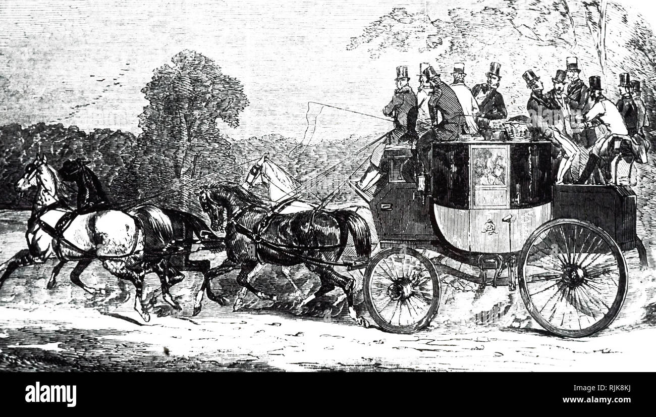 Una incisione raffigurante un quattro-in-canto una carrozza trainata da un attacco di quattro cavalli avente le linee truccate in modo tale che un singolo driver può guidare. Datata del XIX secolo Foto Stock