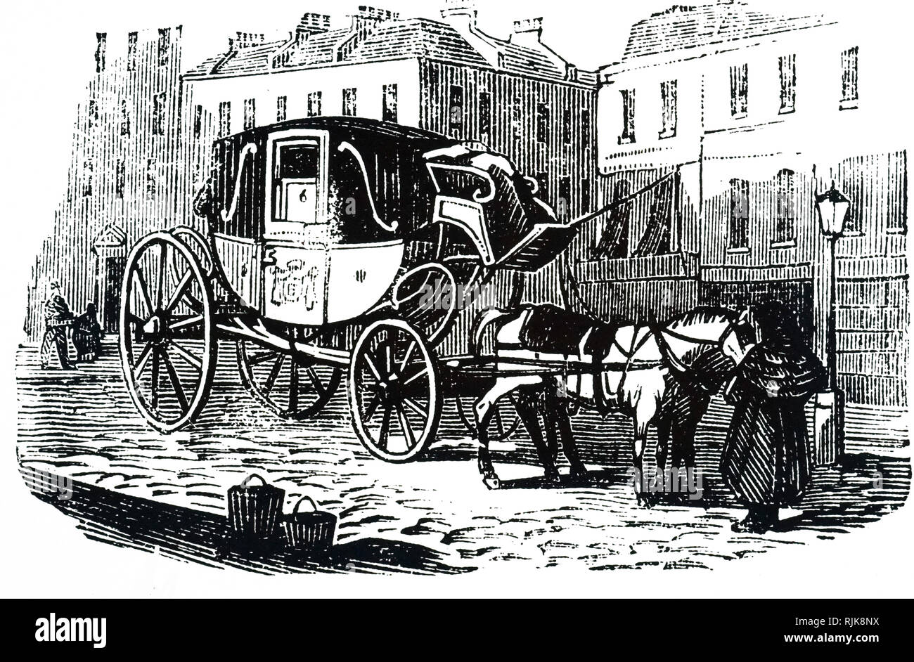 Una incisione raffigurante un inglese di Hackney coach. Datata del XIX secolo Foto Stock